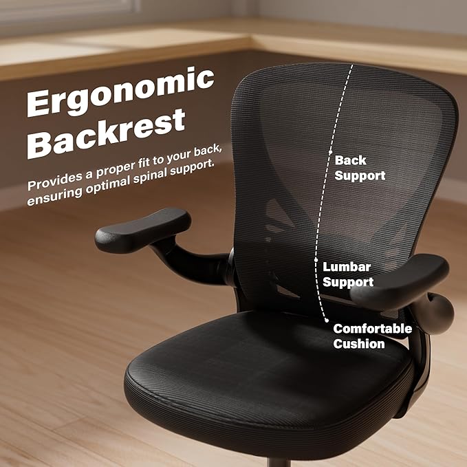 GYI Office Chair Ergonomic, Computer Desk Chair with Mesh Back, Adjustable Lumbar Support, 3D Flip-up Arms, Wheels, Black