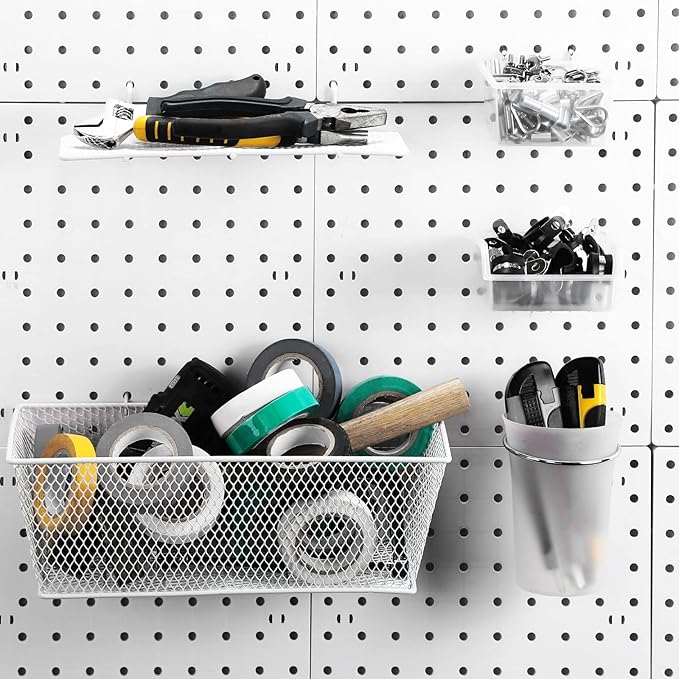 Sieral 30 Pcs Pegboard Organizer Accessories Kit Includes Peg Board Shelving Storage Basket Organizer Bins Hooks Loops Cup with Cup Holder for Garage Room Wall Attachments Tools(White, Clear, Silver)