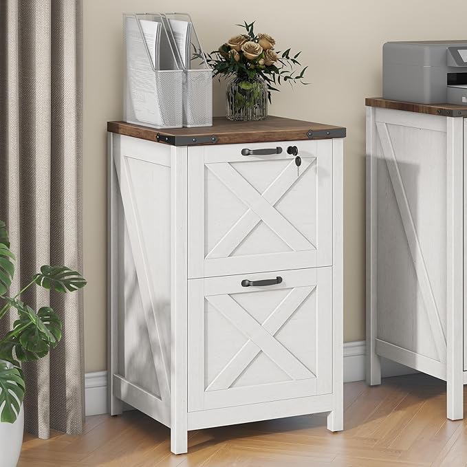 Vabches Vertical File Cabinet with 2 Drawers, Wooden Farmhouse Filing Cabinet for Letter/A4 Size Hanging Files, Under Desk Printer Stand with Storage for Home Office, White and Lock