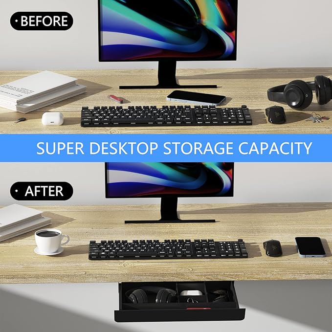 Under Desk Mounted Sliding Pull-out Drawer with Pencil Tray and Slide Storage Tray, 17'' long & 13.5'' deep Large Storage Organizer for Sit Stand Workstation