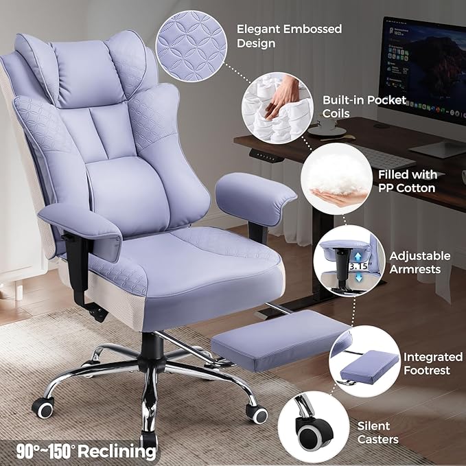 GTPLAYER Big and Tall Office Chair 400LBS Wide Ergonomic Gaming Chair with Deluxe Embossing Designed Leather with Foot Rest,150°Reclining Adjustable Soft Armrests Pocket Spring Back Support and Pillow