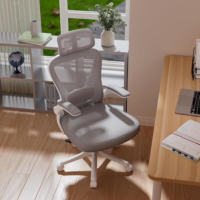 SeekFancy Ergonomic Office Chair M903, Computer Desk Chair with Wheels, High Back Mesh Office Chair with Adjustable Lumbar Support, Headrest, Flip-Up Armrests, White Grey