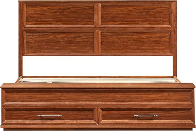 King Size Bed with 3D Geometric Headboard & Storage Bench - 4-Drawer Storage, Modern Bedroom Furniture, Walnut. The 3D geometric grid pattern on the headboard exudes modern charm, blending refinemen