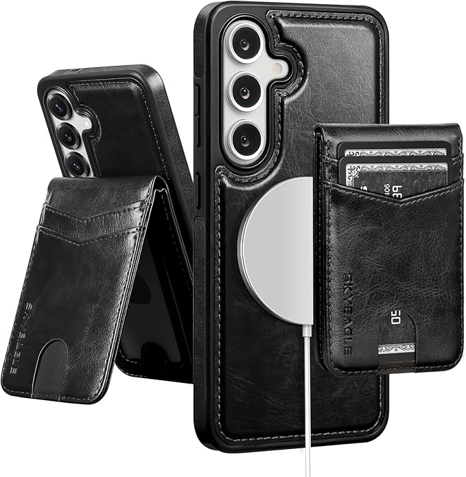 SkyEagle Compatible with Magsafe 2 in 1 Detachable Samsung Galaxy S25 Plus Wallet Case with Card Holder,Women Men Magnetic PU Leather RFID Blocking Flip Folio Kickstand Credit Slots,Black