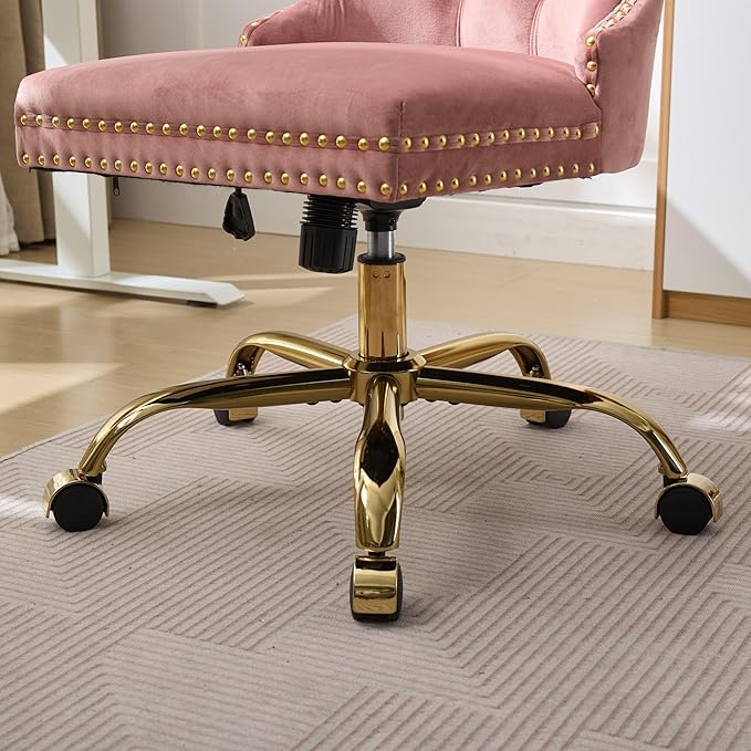 Goujxcy Desk Chair, Modern Velvet Upholstered Tufted Button Home Office Chair, 360° Swivel Armless Desk Chairs, 120°Rocking Ergonomic Computer Task Vanity Chairs, Pink