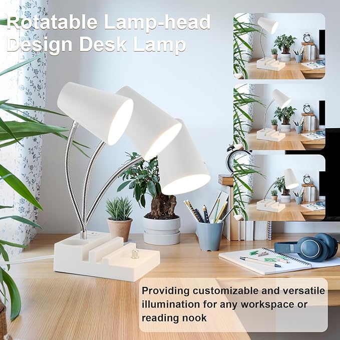 LALISU Study Desk Lamp with USB Charging and Type-C Night Light, Gooseneck LED Table Lamp Stepless Dimming Study Table Lamp with Pen Holder for College Dorm Bedroom and Office (White)