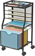 BOHDK Rolling File Cart, 6-Tier Desk File Organizer on Lockable Wheels, Black Wood Planks & Mesh Sliding Hanging Folder Drawer, Organization Cart for Office Home School