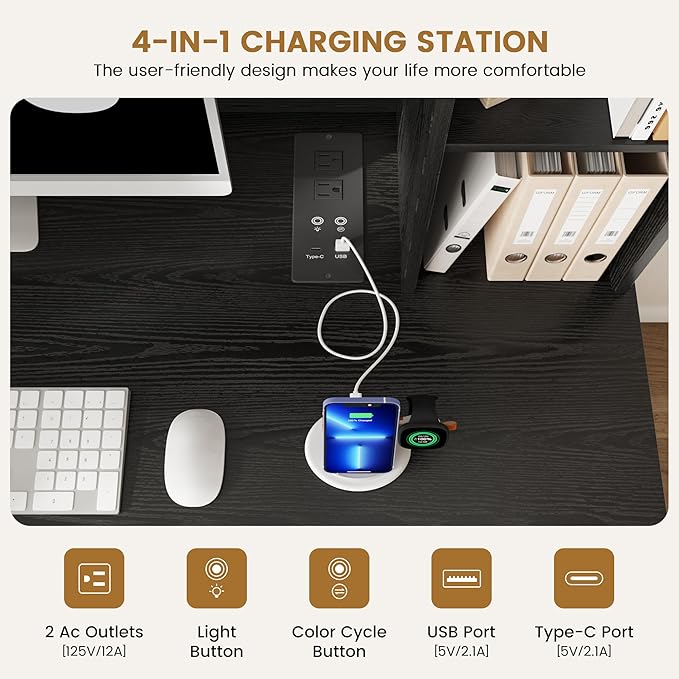 Lvifur Home Office Desk - with Hutch & Storage Cabinet,LED Study Desk with Outlet and 3 Color LED and Card-Based Lock,Writing Desk Computer Desks for Studyroom,Ideal for Office Set,Black