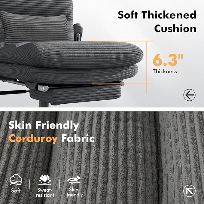 GXJ Criss Cross Chair with Flip-up Arms, Executive Office Chair with Foot Rest, Swivel Cross Legged Office Chair with Lumbar Pillow&Headrest, Corduroy Comfy Computer Desk Chair for Home, Black