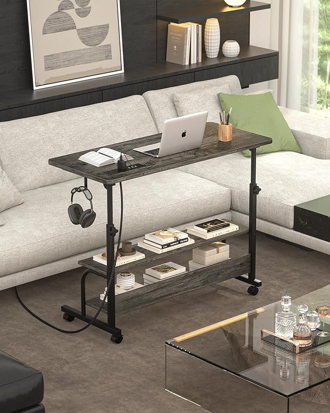 Armocity Rolling Standing Desk with Power Outlets, 32" Manual Height Adjustable Mobile Computer Desk with Wheels, Small Portable Sit Stand Laptop Couch Table for Bed & Sofa Home Office, Grey Oak