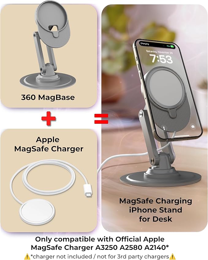 COOPER 360 MagBase, Stand for Apple MagSafe Charger (Not Included) MagSafe Charger Stand for iPhone 17 Pro Max, iPhone 16, 15,14,13,12, AirPods Charging, Standby Mode, 360° Rotation (Space Grey)