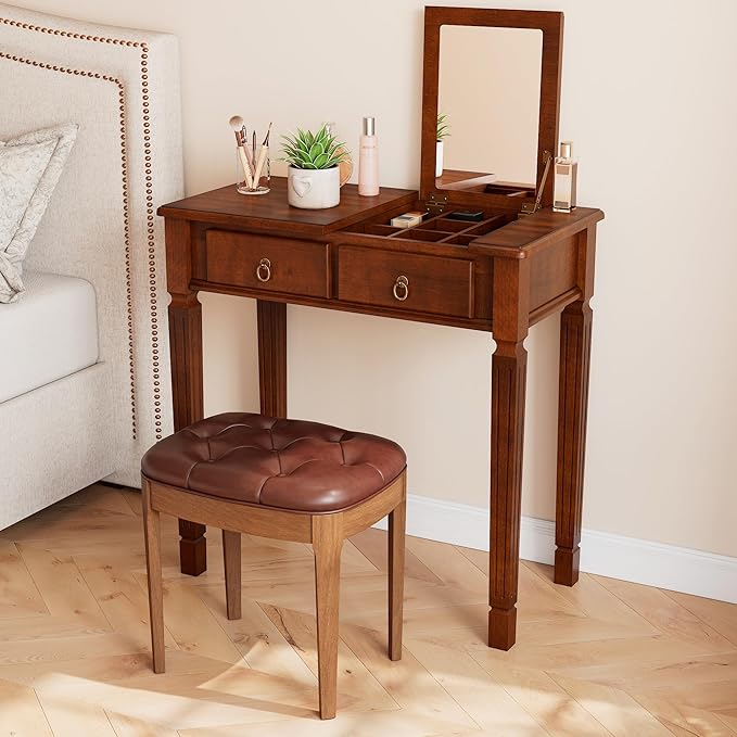 Flip Top Wood Makeup Vanity Desk Set with Mirror, Small Vintage Dressing Vanity Table Set with 2 Drawers & Matching Padded Bench Stool Writing Desk with Button Tufted Cushioned Stool, Cherry&Wine Red