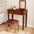Flip Top Wood Makeup Vanity Desk Set with Mirror, Small Vintage Dressing Vanity Table Set with 2 Drawers & Matching Padded Bench Stool Writing Desk with Button Tufted Cushioned Stool, Cherry&Wine Red