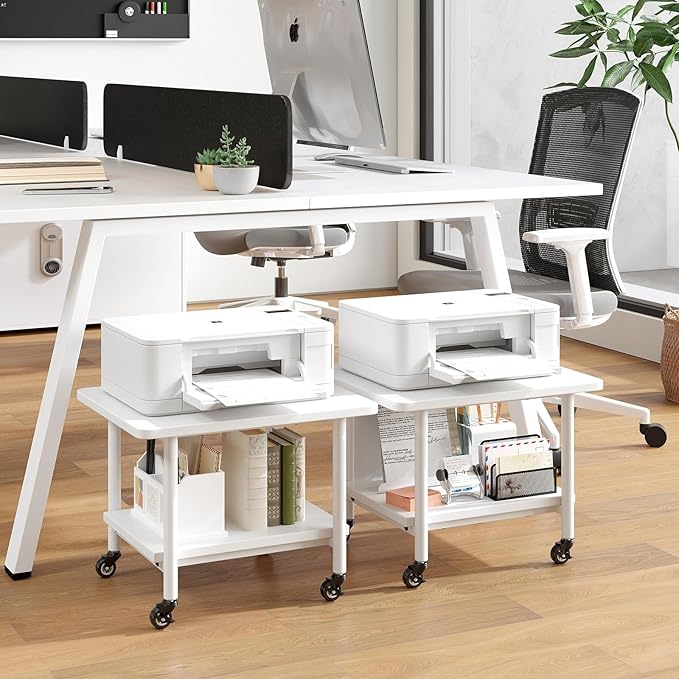 Giantex Under Desk Printer Stand, 2-Tier Mobile Printer Table with Storage Shelf, Lockable Wheels & Metal Frame, Rolling Printer Cart Holder, Storage Rack for Home Office Scanner Fax Machine (White)