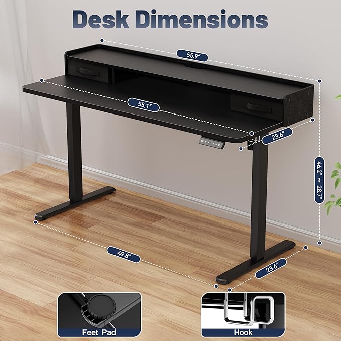 YESHOMY 55" x 23" Electric Standing Desk with 2 Drawers, Height Adjustable Computer Desk, Low Noise Home Office Stand Up Desk with 2 Preset Heights & 2 Hooks, Black