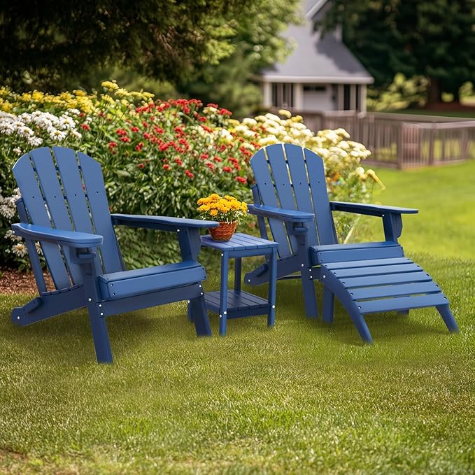 IVY&LANE Outdoor Adirondack Ottoman | Folding | HDPE | Blue | All Weather | Waterproof Patio Footrest for Adirondack Chair | Poly Lumber Foot Rest for Deck Backyard