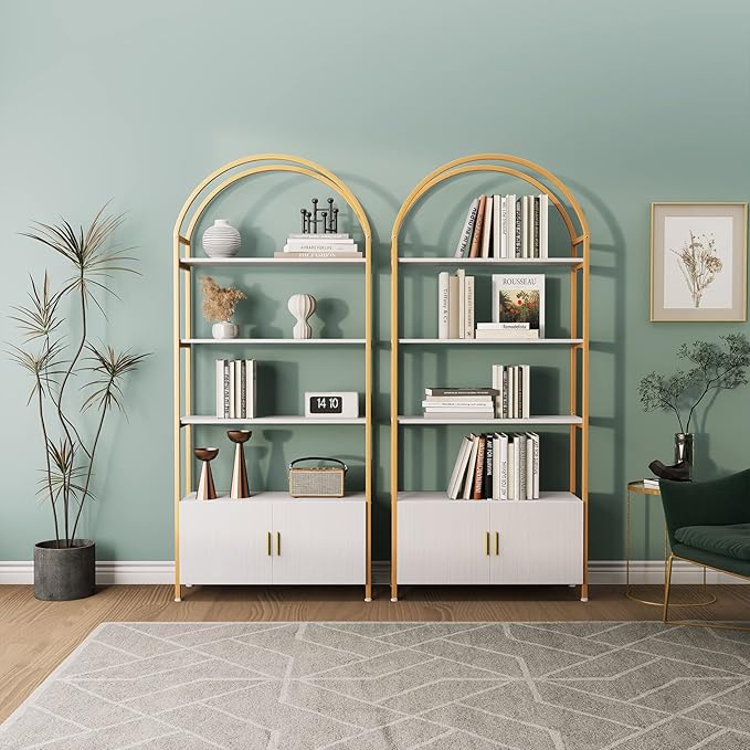 Jehiatek Gold Bookshelf, Arched Bookcase with Doors Storage, 71" Tall Industrial Book Shelf with Sturdy Metal Frame, E1 Quality Boards, Freestanding Display Shelving Unit, White and Gold