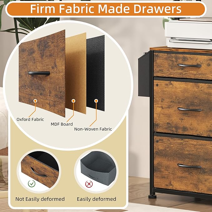 GYIIYUO 3 Drawer Tall 69''H File Cabinet with Charging Station, 4-Tier Filing Cabinet with Adjustable Shelf, Fabric Drawer, Printer Stand for Home Office, Fits A4/Letter/Legal, Rustic Brown