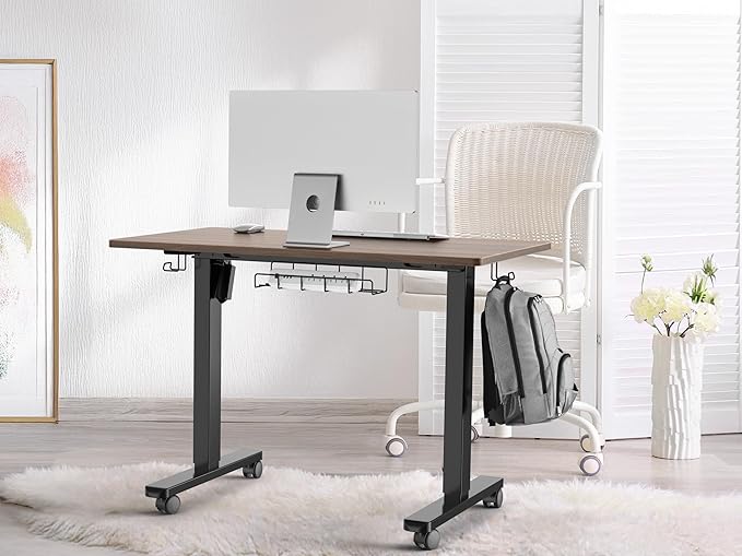 SHW 40-Inch Mobile Electric Height Adjustable Sit to Stand Desk with Drawer, Hanging Hooks and Cable Management, Walnut