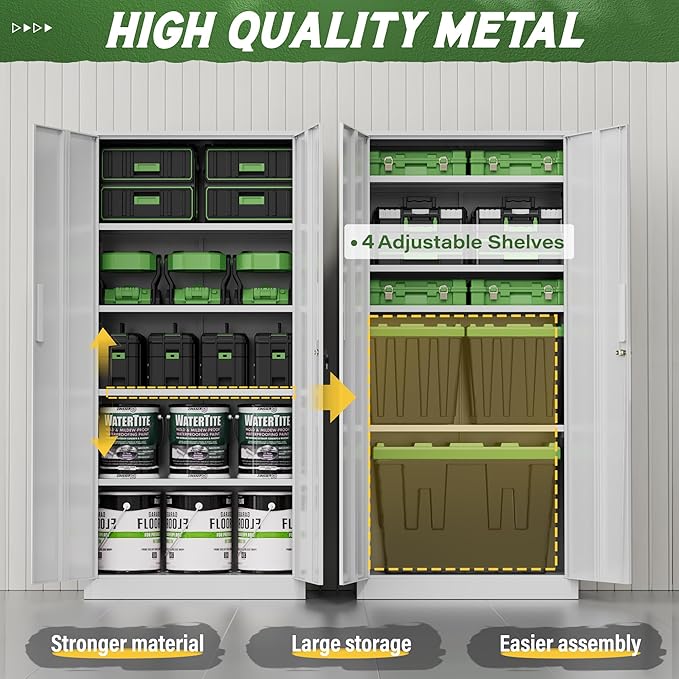 Greenvelly Metal Storage Cabinet with 2 Doors and 4 Adjustable Shelves, 72" White Metal Cabinet with Locking Feature and 2 Keys for Office, Home, Garage, Gym, School