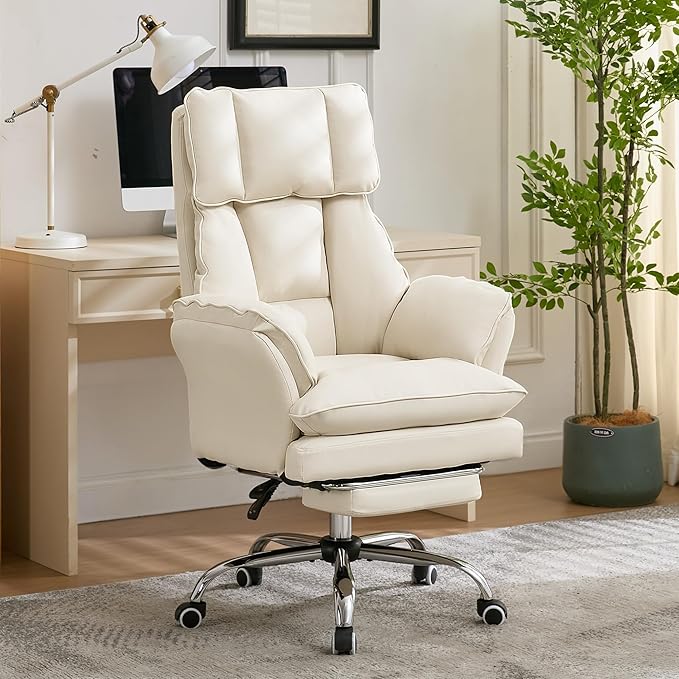 Ergonomic Cloud Cross Legged Office Chair with Footrest,Leather Big and Tall Executive Chair with Wheels,Reversible Armrest,155° Reclining Computer Wide Desk Chair for Home,Office (Beige)