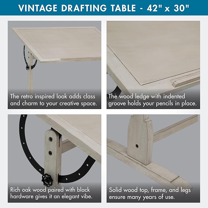 Studio Designs Wood Drawing/Drafting Table with Pencil Ledge - 42" W x 30" D - Whitewash - Tilting Top Adjustable Desk