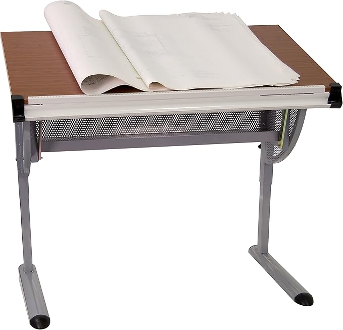 EMMA + OLIVER Adjustable Drawing and Drafting Table with Pewter Frame