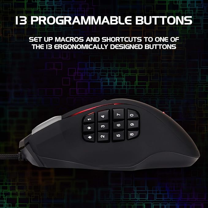 ENHANCE Theorem 2 MMO Mouse with 13 Programmable Side Buttons - RGB Gaming Mouse with 6 Customizable DPI Settings, 5 Gaming Profiles, Quick Fire Button, Wired, Ergonomic - Black