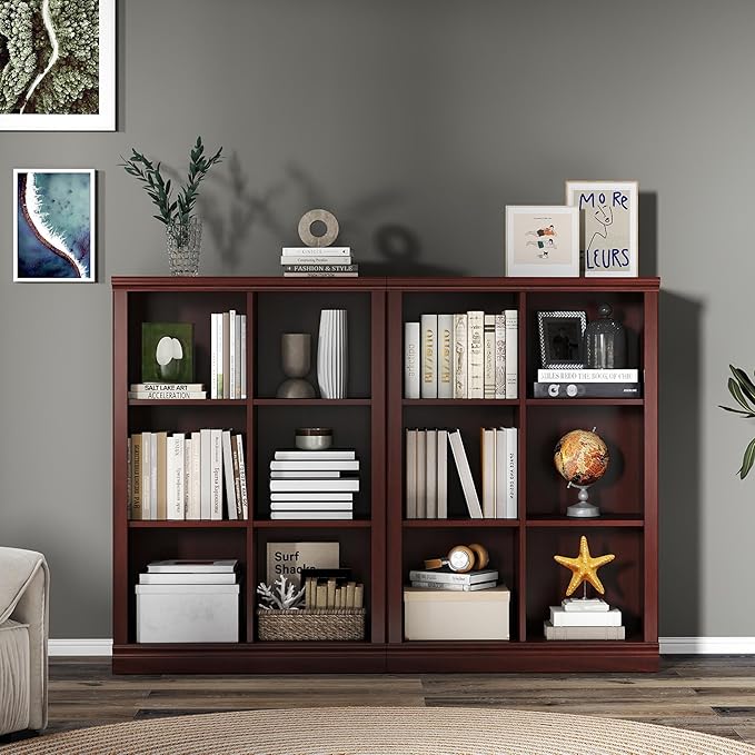 Bevfint 6 Cube Storage Organizer - 3 Tiers 6 Storage Cube Adjustable Space Book Case, Display Cabinet Organizer with Bookcase, 30 inch Width Horizontal Bookshelf for Home Library Office, Mahogany