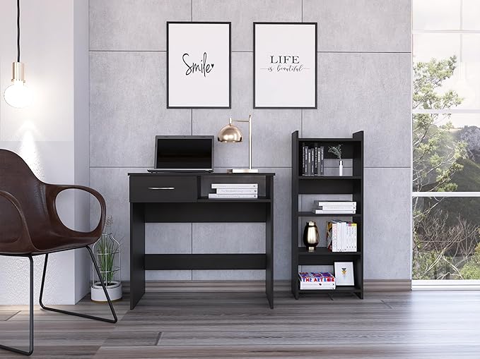Penau Home Office Set with Single Drawer, Keyboard Tray, Black Bookcase with 5 Shelves, Modern Compact Design