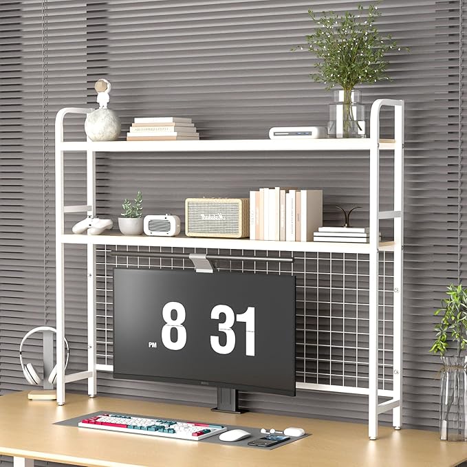 GCCSJ Bookshelf for Desk，2-Tier Desktop Bookshelf Organizer，Multifunctional Desktop Bookcase with Metal Frame & Wood Shelves，Perfect for Organizing Books, Magazines, Office Supplies - White