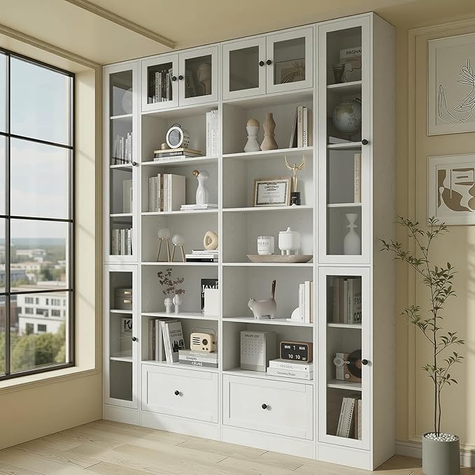 TUSY 85.5 Inch Tall Bookshelf with Doors - 7 Tier Bookcase with Glass Doors and Drawer, 23.6" Wide Storage Cabinet with Open Shelves for Living Room, White Book Shelf for Home Office, Study (DBBD)