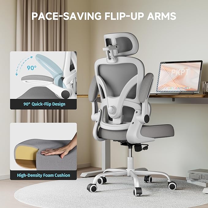Ergonomic Office Chair, 330LBS Desk Chair with 3-Level Lumbar Support & Headrest, Breathable Mesh Backrest, Flip-Up Armrests for Home Office and Gaming, White