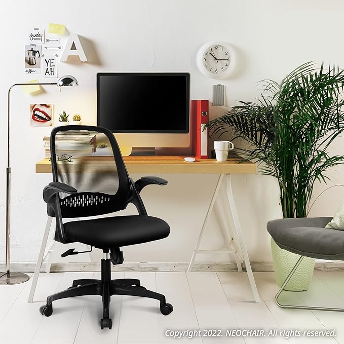 NEO Chair Office Desk Chair Computer Gaming Ergonomic Lumbar Back Support with Flip-up Padded Armrest Adjustable Height and Wheels for Home Vanity Bedroom Study (All Black)