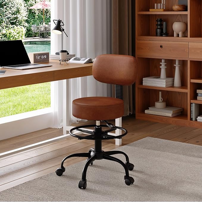 Drafting Chair with Back, Adjustable Foot Rest Rolling Stool (1,Brown)
