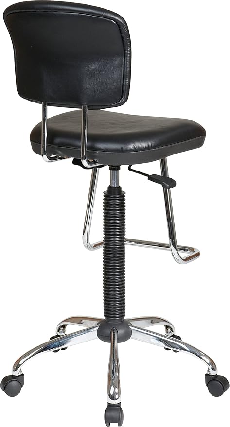 Office Star DC Series Pneumatic Drafting Chair with Vinyl Stool and Back, Heavy Duty Chrome Teardrop Footrest, Black