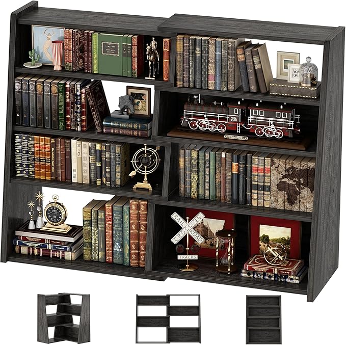 Armocity Expandable Bookshelf, Short Corner Bookshelf for Small Spaces, Small Ladder Book Shelf, Extendable Wood Narrow Bookcase for Living Room, Bedroom, 5 Tier, Grey Oak