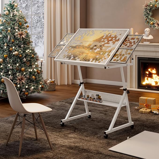 Drafting Table Art Table on Wheels with Storage & 4 Side Trays - Adjustable Drawing Table Tilted Tabletop, Crafting Desk with Storage for Artist Painters Home Office (White C)