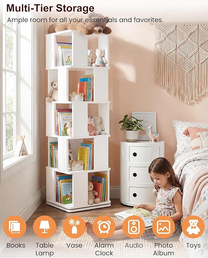 Foxemart 5-Tier Rotating Bookshelf Tower, 360° Spinning Modern Book Storage Bookcase, Stable Display Corner Book Shelf for Kids Room, Living Room, Bedroom, Home Office, White