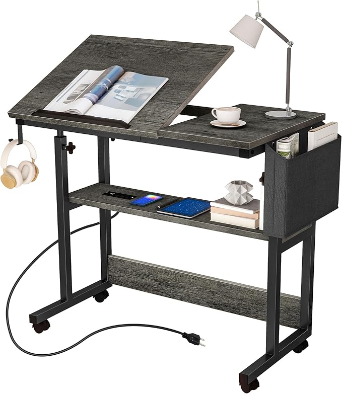 DWVO Height Adjustable Drawing Desk with Charging Station & Wheels, Rolling Craft Table with Tilting Top Tabletop and Storage Bag, Small Standing & Sitting Laptop Computer Desk (Grey)
