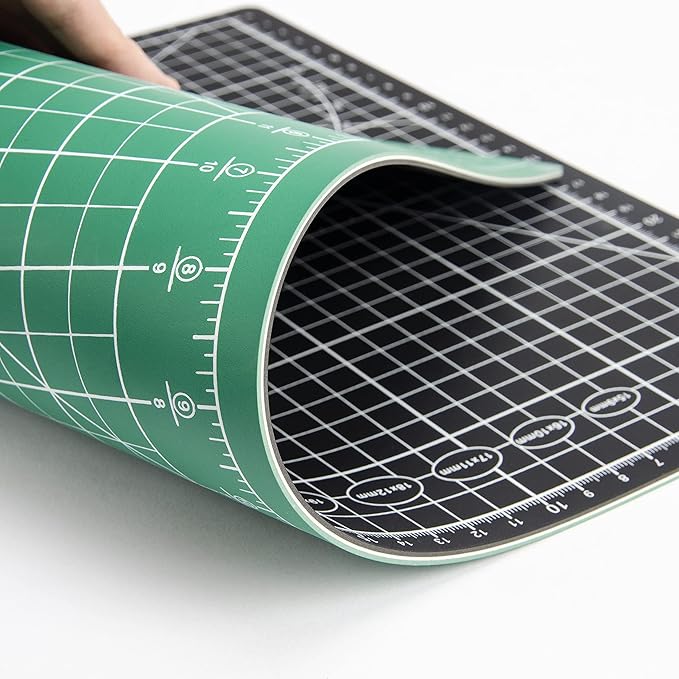 Ecraft Self Healing Sewing Mat 9x12 Inch, Double Sided 5-Ply Fabric Rotary Cutting Mat for Quilting, Sewing & Craft Projects - Gridded Board, Green/Black