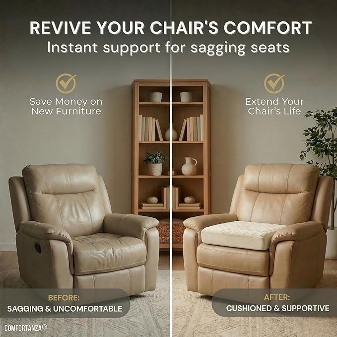 Medium-Soft 20x20x5 Memory Foam Recliner Chair Seat Cushion for Long Sitting - Armchair Pad with Washable Velvety Cover with Waterproof Layer & Non-Slip Base for Seniors & Elderly - Cream