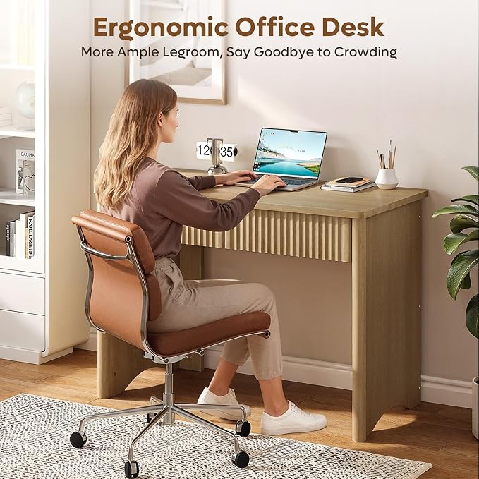 Bestier Fluted Computer Desk with 2 Drawers, 40 Inch Small Wooden Writing Study Work Desk, Computer Table, Compact Executive Home Office Desk for Small Spaces, Bedroom, Study, Living Room