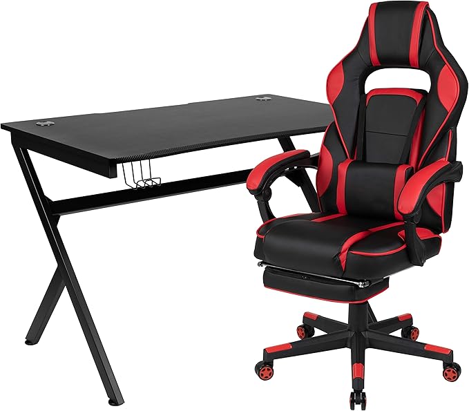 EMMA + OLIVER Black/Red Gaming Desk Set - Cup/Headset Holder/Reclining & Footrest