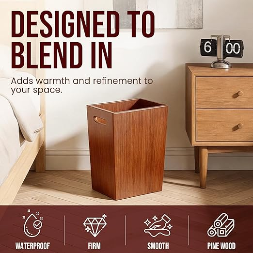 Wooden Trash Can, Decorative Wood Bathroom Wastebasket, 3 Gallon Small Garbage Can for Bedroom, Office, and Room