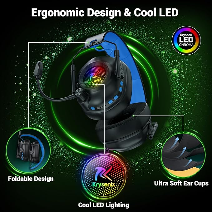 Wireless Gaming Headset with Noise Canceling Microphone for PC, PS5, PS4, Switch, Mac, 2.4 GHz Wireless & Bluetooth 5.4 Gaming Headphones, Cool RGB Lighting, 40Hr Battery, 50mm Drivers(Black Blue)