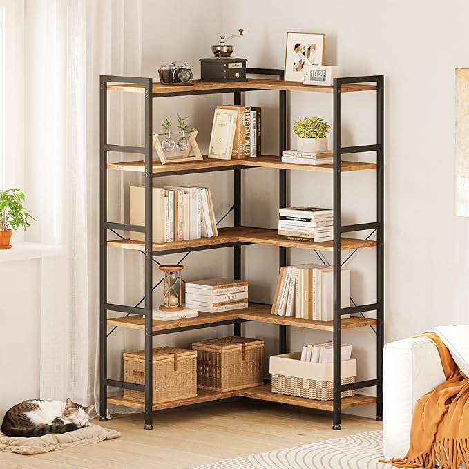 Casaottima Corner Book Shelf, 5 Tier Reversible Bookshelf for Living Room, Industrial Wooden Bookcase with Open Shelves and Metal Frame for Bedroom, Home Office, Kitchen, Vintage