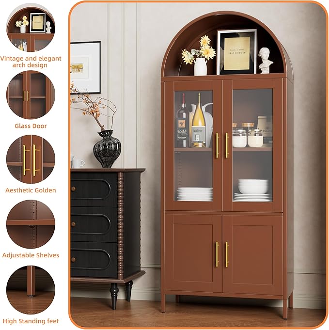 Metal Arched Bookcase Cabinet with 4 Doors,Arched Pantry Cabinet for Home Office Living Room,Required Assembly,Brown