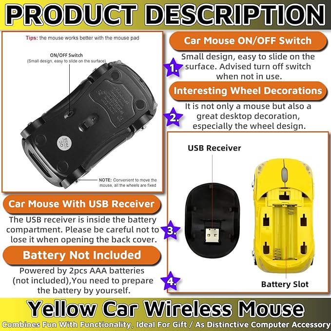 HuGuWdy Yellow Cute Wireless Mouse，2.4G with USB Reciver 1600DPI Car Mouse for Computer Wireless for Laptop Computer Tablet for Windows for Mac OS for Christmas（Yellow）