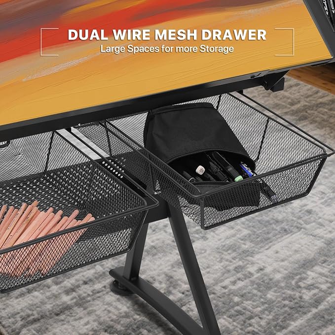 Athena Collection Drafting Table for Artists, Height Adjustable Drawing Table, Dual Desktop Art Desk Metal Frame Art Table Tiltable Craft Desk Paintings Work Station with Stool and Drawers, Black